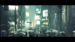 Rule 34 | city, commentary, crowd, fen bang laoda, highres, lamppost, letterboxed, lycoris recoil, night, outdoors, people, power lines, rain, real world location, road, scenery, shibuya (tokyo), shibuya 109, tokyo (city), umbrella, utility pole