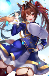 Rule 34 | 1girl, absurdres, aiguillette, animal ears, blue jacket, blue skirt, breasts, brown hair, buttons, center frills, confetti, daiwa scarlet (umamusume), double-breasted, epaulettes, fang, frills, garter straps, hair intakes, hair ribbon, hand on own hip, highres, horse ears, horse girl, jacket, juliet sleeves, large breasts, long hair, long sleeves, one eye closed, open mouth, pointing, pointing up, puffy sleeves, red eyes, red ribbon, ribbon, shirt, skin fang, skirt, thighhighs, thighs, tiara, twintails, udon (udonalium), umamusume, white shirt
