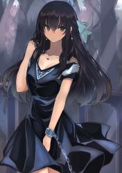 Rule 34 | 1girl, black dress, black hair, blush, breasts, chain, closed mouth, commentary request, cuffs, day, dress, earrings, grey eyes, hair between eyes, hand up, highres, hinomaru (futagun), jewelry, long hair, looking at viewer, original, outdoors, short sleeves, small breasts, solo, tree, very long hair