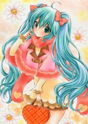 Rule 34 | 1girl, ahoge, bad id, bad pixiv id, bag, blue hair, bow, dress, flower, frilled dress, frilled sleeves, frills, green eyes, hair bow, hatsune miku, heart, heart print, highres, izumo neko, long hair, looking at viewer, scarf, solo, twintails, very long hair, vocaloid
