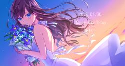 Rule 34 | 1girl, 2018, backless dress, backless outfit, blue eyes, blue flower, bouquet, brown hair, character name, dated, dress, floating hair, flower, hair between eyes, happy birthday, holding, holding bouquet, ichinose shiki, idolmaster, idolmaster cinderella girls, idolmaster cinderella girls starlight stage, long hair, looking at viewer, shiyu (hagiwara shiyu), sleeveless, sleeveless dress, solo, sundress, very long hair, white dress