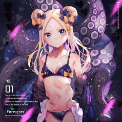 Rule 34 | 1girl, abigail williams (fate), bad id, bad pixiv id, bare shoulders, bikini, black bikini, black bow, black dress, blonde hair, bow, breasts, character name, closed mouth, collarbone, commentary request, double bun, dress, english text, fate/grand order, fate (series), frilled bikini, frills, hair bun, head tilt, long hair, long sleeves, mao ge, navel, off shoulder, orange bow, polka dot, polka dot bow, side bun, sleeves past wrists, small breasts, smile, solo, suction cups, swimsuit, tentacles
