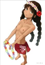 Rule 34 | 1girl, absurdres, barefoot, black hair, blush, braid, breasts, dark nipples, dark skin, ethnic clothing, flower, flower necklace, hair flower, hair ornament, hawaii, head wreath, highres, holding, holding jewelry, holding necklace, jewelry, kanden sky, necklace, nipples, open mouth, original, red flower, red skirt, simple background, skirt, small breasts, small nipples, topless, traditional clothes, translated, twin braids, white background, yellow eyes
