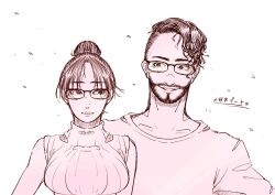 Rule 34 | 1boy, 1girl, apex legends, asakichi (mamaninatta4a), bespectacled, breasts, collarbone, commentary, facial hair, glasses, goatee, hair bun, highres, looking at another, looking to the side, medium breasts, mirage (apex legends), monochrome, parted bangs, parted lips, pink theme, portrait, ribbed sweater, shirt, simple background, single hair bun, sleeveless, sleeveless sweater, smile, straight-on, sweater, t-shirt, translated, white background, wraith (apex legends)