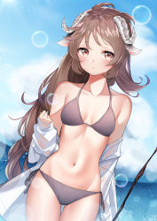 Rule 34 | 1girl, absurdres, ahoge, animal ears, arknights, bikini, blush, breasts, brown bikini, brown eyes, brown hair, day, eyjafjalla (arknights), groin, halterneck, highres, holding, holding staff, horns, jacket, long hair, looking at viewer, medium breasts, navel, ocean, off shoulder, outdoors, parted lips, sheep ears, sheep horns, side-tie bikini bottom, small breasts, solo, staff, stomach, swimsuit, the cold, very long hair
