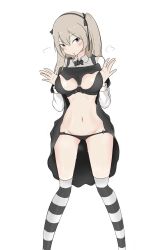 Rule 34 | 1girl, aged up, black bow, black bowtie, black panties, black ribbon, black skirt, black thighhighs, blush, bow, bowtie, breasts, brown eyes, clothes lift, collared shirt, commentary, girls und panzer, groin, guropara, hair ribbon, half-closed eyes, head tilt, high-waist skirt, highres, large breasts, lifting own clothes, light brown hair, long hair, long sleeves, looking at viewer, lowleg, lowleg panties, medium skirt, navel, one side up, panties, parted lips, ribbon, shimada arisu, shirt, simple background, skirt, skirt lift, solo, standing, striped clothes, striped thighhighs, suspender skirt, suspenders, thighhighs, underwear, white background, white shirt