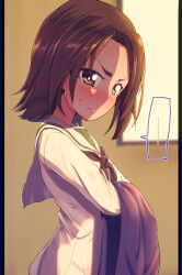 Rule 34 | ..., 1girl, black neckerchief, blush, brown eyes, brown hair, closed mouth, commentary, dress shirt, from side, frown, girls und panzer, highres, holding, holding clothes, holding jacket, indoors, jacket, jinguu (4839ms), long sleeves, looking at viewer, neckerchief, ooarai school uniform, parted bangs, pillarboxed, sailor collar, sawa azusa, school uniform, shirt, short hair, solo, spoken ellipsis, standing, unworn jacket, white sailor collar, white shirt, window