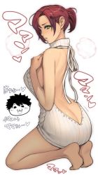 Rule 34 | 1girl, ass, backless dress, backless outfit, bare back, boudica (fate), breasts, butt crack, dress, fate/grand order, fate (series), full body, green eyes, halterneck, heart, highres, large breasts, looking back, meme attire, naked sweater, oda non, ponytail, red hair, ribbed sweater, short hair, sideboob, solo, sweater, sweater dress, virgin killer sweater