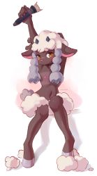 Rule 34 | 1girl, ancesra, animal ears, animal feet, animal nose, arms up, artist name, black horns, blush, body fur, braid, closed mouth, collarbone, creatures (company), dark-skinned female, dark skin, ears down, female focus, flat chest, full body, furry, furry female, game freak, gen 8 pokemon, grey hair, happy, highres, holding, holding own arm, hooves, horns, knees together feet apart, long hair, looking at viewer, multicolored hair, navel, nintendo, nipples, personification, pokemon, pokemon (creature), shears, sheep ears, sheep girl, sheep tail, simple background, sitting, smile, solo, split mouth, stomach, stretching, tail, tan, tanline, topless, twin braids, twintails, two-tone hair, watermark, white background, white fur, white hair, wool, wooloo, yellow eyes