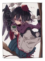 Rule 34 | 1girl, black hair, closed mouth, commentary, cup, fingernails, geta, green tea, hair between eyes, hat, highres, holding, holding cup, japanese clothes, long sleeves, pointy ears, pom pom (clothes), purple scarf, red eyes, red footwear, red hat, ribbon-trimmed sleeves, ribbon trim, roamu 65, scarf, shameimaru aya, short hair, solo, tea, tengu-geta, tokin hat, touhou, translated, wide sleeves
