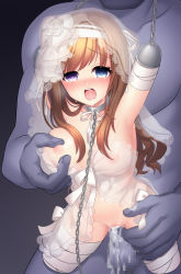 Rule 34 | 1girl, amputee, belly riding, bottomless, bride, censored, chain, clothed sex, collar, crying, cum, dress, hetero, heterochromia, highres, hoshina meito, quadruple amputee, rape, sex, slave, veil, white dress