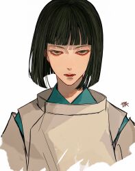 Rule 34 | 1boy, black hair, blunt bangs, blunt ends, bob cut, brown eyes, closed mouth, commentary, haku (sen to chihiro no kamikakushi), highres, japanese clothes, kagoya1219, kariginu, looking at viewer, male focus, sanpaku, sen to chihiro no kamikakushi, signature, simple background, solo, straight-on, upper body, white background