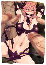 Rule 34 | 1girl, abs, bad id, bad pixiv id, blush, breasts, censored, cleavage, demon horns, demon tail, erection, fake horns, fake tail, final fantasy, final fantasy xiii, gagged, highres, horns, large breasts, lightning farron, lightning returns: final fantasy xiii, mosaic censoring, multiple boys, navel, official alternate costume, penis, pink hair, pocopoco33, spread legs, stomach, tail, toned