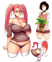 Rule 34 | 2girls, animalization, bare shoulders, bird, black choker, black hair, black panties, breasts, chicken, choker, cleavage, cowboy shot, cropped legs, crossover, curvy, flat chest, flower pot, groin, hand on own hip, highschool of the dead, hotline miami, huge breasts, jacket, jacket (hotline miami), large breasts, leon the professional, letterman jacket, long hair, mathilda lando, multiple crossover, multiple girls, no bra, no eyewear, panties, pink hair, plant, potted plant, pun, richard (hotline miami), rooster, short hair, short shorts, shorts, simple background, skindentation, sleeves past wrists, standing, takagi saya, thick thighs, thighhighs, thighs, twintails, underwear, visual pun, white background, white legwear, wide hips, zako (arvinry)
