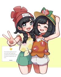 2girls :d absurdres black_hair blush braid brown_hat closed_eyes cosplay costume_switch creatures_(company) dual_persona eyelashes flower game_freak green_shorts hat hat_flower highres looking_at_viewer multiple_girls nintendo open_mouth orange_shirt pitorigoto pokemon pokemon_sm pokemon_usum red_hat selene_(pokemon) shirt short_sleeves shorts sleeveless sleeveless_shirt smile twin_braids white_shorts yellow_shirt