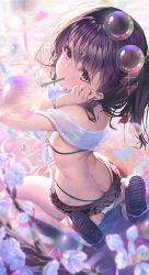 Rule 34 | 1girl, arms up, ass, back, bare shoulders, bikini, blush, bow, breasts, blowing bubbles, butt crack, frilled bikini, frills, from behind, hair bow, highres, looking at viewer, looking back, mouth hold, off shoulder, original, plaid, plaid bow, purple bow, purple eyes, purple hair, shoe soles, sideboob, sitting, small breasts, soap bubbles, solo, swimsuit, tonchan, two side up, wariza, water, white bikini