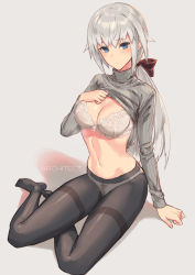 Rule 34 | 1girl, :/, architect, arm support, black pantyhose, blue eyes, blush, bow, bra, breasts, character name, cleavage, closed mouth, clothes lift, frame arms girl, full body, hair between eyes, hair bow, highres, large breasts, long hair, long sleeves, looking at viewer, low ponytail, midriff, navel, panties, panties under pantyhose, pantyhose, ribbed sweater, sigm@, silver hair, sitting, solo, stomach, sweater, sweater lift, thighband pantyhose, underwear, very long hair, white bra, yokozuwari