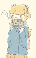 Rule 34 | &gt; &lt;, 1girl, backpack, bag, beige background, beige scarf, blonde hair, blue jacket, blush, blush stickers, breath, buttons, closed eyes, cold, covered mouth, cowboy shot, enpera, facing viewer, hands up, hasu (zatsugami), holding strap, idolmaster, idolmaster cinderella girls, jacket, jougasaki rika, long hair, long sleeves, no nose, nose blush, orange skirt, pink bag, plaid, plaid scarf, plaid skirt, pleated skirt, scarf, scarf over mouth, simple background, skirt, solo, standing, two side up, v-shaped eyebrows, winter clothes, yellow background