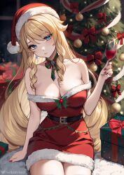Rule 34 | 1girl, bare shoulders, blonde hair, blue eyes, breasts, christmas, cleavage, collarbone, commentary request, dress, drill hair, drill sidelocks, fur-trimmed dress, fur trim, genshin impact, hat, helloimtea, highres, jewelry, large breasts, long hair, looking at viewer, navia (genshin impact), red hat, santa dress, santa hat, sidelocks, solo, very long hair