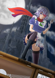 Rule 34 | 1girl, black panties, black thighhighs, blue eyes, boots, braid, breasts, card, church, clock, cloud, female focus, full moon, gloves, glowing, glowing eye, grandfather clock, hair over one eye, hair ribbon, high heels, highres, impossible clothes, impossible shirt, izayoi sakuya, knife, lace, lace-trimmed legwear, lace trim, legs, lmq2515, long legs, looking at viewer, lowleg, lowleg panties, moon, panties, pantyshot, red scarf, ribbon, scarf, shirt, shoes, silver hair, sky, solo, thighhighs, thighs, touhou, twin braids, underwear, upskirt, weapon