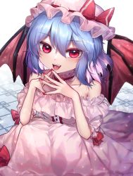 Rule 34 | 1girl, :d, bare shoulders, bat wings, blue hair, bow, dress, fangs, frills, hair between eyes, hat, hat ribbon, highres, looking at viewer, mob cap, nail polish, off-shoulder dress, off shoulder, open mouth, pink dress, puffy short sleeves, puffy sleeves, red bow, red eyes, red nails, red ribbon, remilia scarlet, ribbon, short hair, short sleeves, slit pupils, smile, solo, touhou, unime seaflower, white background, wings