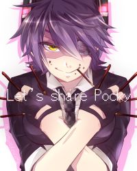 Rule 34 | 10s, 1girl, bad id, bad pixiv id, breasts, eyepatch, food, food in mouth, gloves, headgear, kantai collection, looking at viewer, necktie, partially fingerless gloves, pocky, pocky day, purple hair, school uniform, short hair, smile, solo, tenryuu (kancolle), torihada ichirou, yellow eyes