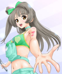 Rule 34 | 10s, 1girl, :d, bare shoulders, blush, bow, bra, brown eyes, choker, grey hair, hair bow, heart, highres, long hair, looking at viewer, love live!, love live! school idol project, microphone, midriff, minami kotori, natsuiro egao de 1 2 jump!, navel, open mouth, outstretched arm, outstretched hand, rasukaru, smile, solo, suspenders, tattoo, underwear