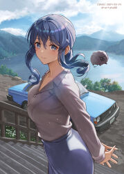Rule 34 | 1girl, animal, blue eyes, blue hair, blue skirt, blush, breasts, car, cleavage, closed mouth, collarbone, collared shirt, commission, dated, day, gotland (kancolle), grey shirt, hair between eyes, kantai collection, lake, long hair, medium breasts, mole, mole under eye, motor vehicle, outdoors, sheep, shirt, skeb commission, skirt, smile, solo, stairs, tantaka, twitter username, volvo, volvo 244