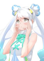 Rule 34 | 1girl, bare shoulders, blue bow, blue bowtie, blue hair, blush, bow, bowtie, commentary request, grey eyes, hair ornament, hands on own face, highres, kemono friends, long hair, multicolored hair, shirt, skyfish (kemono friends), sleeveless, solo, tanabe (fueisei), twintails, upper body, white hair, white shirt
