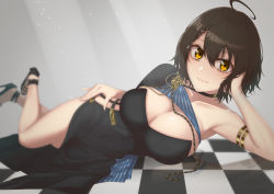Rule 34 | 1girl, absurdres, asymmetrical clothes, azur lane, bad id, bad pixiv id, baltimore (azur lane), baltimore (evening breeze minuet) (azur lane), black dress, black footwear, blue cape, braid, breasts, brown hair, cape, checkered floor, cleavage, cocktail dress, dress, evening gown, full body, high heels, highres, kayao, large breasts, looking at viewer, lying, medium hair, official alternate costume, on side, side cape, side slit, sideless outfit, single bare shoulder, solo, striped cape, two-tone cape, yellow eyes