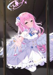 Rule 34 | 1girl, absurdres, blue archive, blue bow, blurry, blurry background, blush, bow, breasts, capelet, chain, chained, closed mouth, commentary request, dress, eternal1223, feathers, frilled dress, frills, hair bun, halo, hand on own chest, highres, long hair, looking at viewer, low wings, medium breasts, mika (blue archive), pantyhose, pink hair, pink halo, reaching, reaching towards viewer, scrunchie, seiza, single hair bun, sitting, solo, tearing up, white capelet, white dress, white pantyhose, white wings, wings, wrist scrunchie, yellow eyes