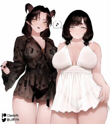 Rule 34 | 2girls, babydoll, bare shoulders, black nails, black nightgown, breasts, chemise, cleavage, curvy, grey eyes, highres, horns, jewelry, large breasts, medium breasts, multiple girls, musical note, nail polish, nightgown, original, patreon username, plump, pointy ears, see-through, signature, simple background, speech bubble, spoken musical note, thigh gap, tsurime, twintails, white background, white nightgown, yellow eyes, zasshu