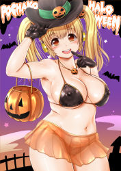 Rule 34 | 1girl, areola slip, armpits, bikini, blonde hair, blush, breasts, candy, cleavage, covered erect nipples, finger to mouth, food, food-themed hair ornament, ganari ryuu, gloves, hair ornament, halloween, hat, headphones, highres, huge breasts, jack-o&#039;-lantern, large breasts, lollipop, looking at viewer, navel, nitroplus, open mouth, orange eyes, plump, pumpkin, pumpkin hair ornament, see-through, short hair, sketch, smile, solo, super pochaco, sweets, swimsuit, twintails, witch hat