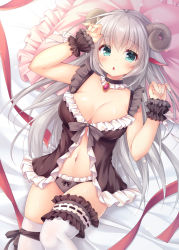 Rule 34 | 1girl, animal ears, arm up, babydoll, bare shoulders, bed sheet, black babydoll, black choker, black panties, blush, bow, bow panties, breasts, bridal garter, choker, cleavage, collarbone, commentary request, curled horns, fingernails, frilled babydoll, frilled choker, frilled panties, frilled pillow, frills, fujikura ryuune, green eyes, grey hair, hair between eyes, hand up, horns, large breasts, long hair, lying, navel, on back, original, panties, pillow, red ribbon, ribbon, ribbon trim, sheep ears, sheep horns, solo, thighhighs, underwear, underwear only, very long hair, white thighhighs, wrist cuffs