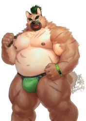 Rule 34 | 1boy, absurdres, animal ears, bara, belly, blush, brown fur, bulge, dog boy, fang, fat, fat man, feet out of frame, fox boy, fox ears, furry, furry male, green eyes, green hair, green male underwear, highres, jockstrap, large pectorals, male focus, male underwear, mixvariety, muscular, muscular male, navel, nipples, pectorals, scar, scar on arm, scar on chest, solo, stomach, thick eyebrows, thick thighs, thighs, tokyo houkago summoners, topless male, underwear, yasuyori (housamo)