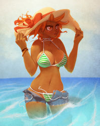 Rule 34 | 1girl, bangle, bikini, bikini under clothes, blush, borrowed character, bow, bracelet, breasts, character request, cleavage, cowboy shot, dark-skinned female, dark skin, day, denim, denim shorts, earrings, eyelashes, female focus, floating hair, freckles, hand on headwear, hat, hat bow, hat ribbon, hat tug, highres, horizon, jewelry, large breasts, lips, looking afar, looking to the side, makeup, mascara, matching hair/eyes, nail polish, narrow waist, navel, ocean, open fly, open mouth, orange eyes, orange hair, outdoors, red nails, ribbon, shade, shiny skin, short shorts, shorts, skindentation, sky, solo, soumakyo, strap gap, string bikini, striped bikini, striped clothes, stud earrings, sun hat, sunlight, swimsuit, swimsuit under clothes, tan, torn clothes, torn hat, unbuttoned, unzipped, wading, water, waves, wet, wind, wristband