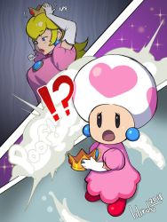 Rule 34 | !?, 1girl, alternate form, blonde hair, blue eyes, crown, dated, dress, earrings, elbow gloves, gloves, gown, heart, holding, jewelry, lilirulu, mario (series), nintendo, open mouth, princess peach, puffy sleeves, signature, transformation
