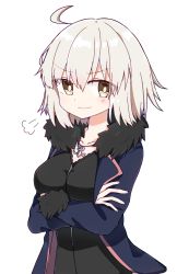 Rule 34 | 1girl, ahoge, black dress, blue coat, breasts, chibi, closed mouth, coat, crossed arms, doyagao, dress, fate/grand order, fate (series), full-length zipper, fur-trimmed coat, fur trim, jeanne d&#039;arc (fate), jeanne d&#039;arc alter (fate), jeanne d&#039;arc alter (ver. shinjuku 1999) (fate), looking at viewer, medium breasts, official alternate costume, rabiiandrain, short dress, short hair, silver hair, smile, smug, solo, tsurime, upper body, wicked dragon witch ver. shinjuku 1999, yellow eyes, zipper