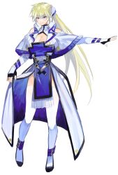 Rule 34 | 1girl, absurdres, alternate color, bare shoulders, belt, blonde hair, breasts, cleavage, cleavage cutout, clothing cutout, curtsey, english text, fingerless gloves, full body, genderswap, genderswap (mtf), gloves, guilty gear, guilty gear xrd, hair between eyes, highres, ky kiske, kyko, large breasts, long hair, magnolia eclair ii, open mouth, ponytail, simple background, solo, thighhighs, uonomesabu, white background, white gloves, white thighhighs