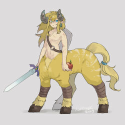 Rule 34 | 1boy, aoihinoki, apple, blonde hair, blue eyes, centaur, commentary, curled horns, earrings, food, fruit, full body, grey background, hair between eyes, highres, holding, holding food, holding fruit, holding sword, holding weapon, hooves, horns, horse tail, jewelry, link, long hair, looking at viewer, male focus, monster boy, monsterification, multiple legs, navel, nintendo, parted lips, pointy ears, scar, scar on arm, scar on chest, scar on stomach, shadow, shield, shield on back, signature, simple background, single earring, solo, standing, sword, tail, taur, the legend of zelda, the legend of zelda: tears of the kingdom, topless male, weapon