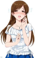 Rule 34 | 1girl, blue skirt, blush, breasts, brown eyes, brown hair, collarbone, earrings, flying sweatdrops, gen (enji), highres, idolmaster, idolmaster cinderella girls, idolmaster cinderella girls starlight stage, jewelry, long hair, looking at viewer, medium breasts, necklace, nitta minami, open mouth, shirt, short sleeves, shy, simple background, skirt, solo, twitter username, white background, white shirt, wince