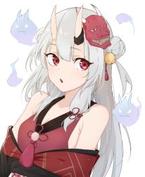 Rule 34 | 1girl, bell, black kimono, breasts, closed mouth, commentary, double bun, hair bell, hair between eyes, hair bun, hair ornament, hitodama, hololive, horns, japanese clothes, kimono, koyori000, long hair, looking at viewer, looking to the side, mask, mask on head, nakiri ayame, nakiri ayame (1st costume), off shoulder, oni mask, open mouth, poyoyo (nakiri ayame), red eyes, red robe, robe, side bun, silver hair, simple background, single side bun, skin-covered horns, small breasts, solo, spirit, tassel, upper body, virtual youtuber, white background