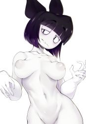Rule 34 | 1girl, absurdres, bikini, black eyes, black hair, breasts, breasts apart, collarbone, colored skin, commentary, creepy susie, english commentary, gloves, goth fashion, highleg, highres, inverted nipples, large areolae, looking at viewer, medium breasts, navel, nipples, nude, out-of-frame censoring, puffy areolae, short hair, simple background, slugbox, solo, striped, swimsuit, the oblongs, thighs, wavy mouth, white background, white gloves, white skin