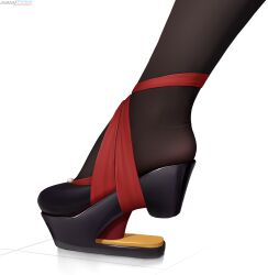 Rule 34 | 1girl, artist name, black pantyhose, chiori (genshin impact), close-up, feet, foot focus, genshin impact, heel-less heels, highres, pantyhose, simple background, solo, white background, z282g