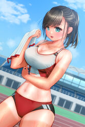 Rule 34 | 1girl, aqua eyes, arm under breasts, bleachers, blue sky, blush, breasts, breath, brown hair, building, buruma, check commentary, cleavage, cloud, collarbone, commentary, commentary request, day, dutch angle, highres, holding, holding towel, large breasts, looking at viewer, navel, open mouth, original, outdoors, ponytail, running track, sky, solo, sparkling sweat, sports bikini, sports bra, stomach, sweat, sweat stain, syzne, tan, tanline, thighs, towel, track and field, track uniform, very sweaty