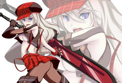 Rule 34 | 10s, 1girl, alisa ilinichina amiella, ass, black pantyhose, blue eyes, boots, breasts, cabbie hat, fingerless gloves, flat ass, gloves, god eater, god eater burst, grey hair, hat, highres, jpeg artifacts, kotuzui yositune, large breasts, long hair, navel, open mouth, pantyhose, plaid, skirt, solo, suspender skirt, suspenders, thigh boots, thighhighs, tsurime, underboob, weapon, zoom layer