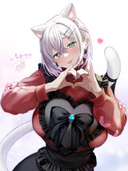 Rule 34 | 1girl, 5saiji, animal ears, apron, aqua eyes, aqua nails, black apron, black ribbon, blush, bow, breasts, cat ears, cat girl, cat tail, commission, ear piercing, frilled apron, frills, gradient hair, hair between eyes, hair ornament, hairclip, heart, heart apron, heart hands, highres, hiiragi emuri, jewelry, large breasts, long sleeves, looking at viewer, mole, mole under eye, multicolored hair, mythic live, nail polish, necklace, piercing, purple hair, red sweater, ribbon, ring, signature, skeb commission, solo, sweater, tail, tongue, tongue out, turtleneck, turtleneck sweater, virtual youtuber, white hair