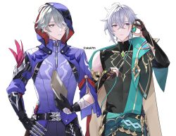 2boys alhaitham_(genshin_impact) aqua_eyes aqua_jacket armor bandaged_arm bandages black_gloves black_shirt black_sleeves closed_mouth cosplay costume_switch feathers genshin_impact gloves grey_hair hair_between_eyes highres honkai:_star_rail honkai_(series) hood hood_up jacket jewelry male_focus mihoyo moze_(honkai:_star_rail) moze_(honkai:_star_rail)_(cosplay) multicolored_hair multiple_boys muscular muscular_male purple_eyes purple_jacket purple_shirt shirt short_hair white_background yugake_(mrnmrm)