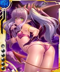 Rule 34 | 00s, 1girl, ass, back, bare legs, bare shoulders, bat wings, bikini, breasts, bridal gauntlets, butt crack, card (ex-blue), card (medium), cloud, demon girl, fangs, female focus, kagami hirotaka, legs, lilim (taimanin asagi battle arena), lilith-soft, long hair, looking at viewer, looking back, night, partially visible vulva, pointy ears, shiny skin, sky, small breasts, solo, star (sky), swimsuit, tail, taimanin (series), taimanin asagi, taimanin asagi battle arena all card gallery, taimanin asagi kessen arena, thong, twintails, underwear, wings