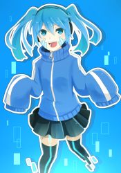Rule 34 | 1girl, bad id, bad pixiv id, black thighhighs, blue eyes, blue hair, digital dissolve, ene (kagerou project), facial mark, headphones, jacket, kagerou project, long sleeves, matching hair/eyes, skirt, smile, solo, thighhighs, track jacket, twintails, zettai ryouiki